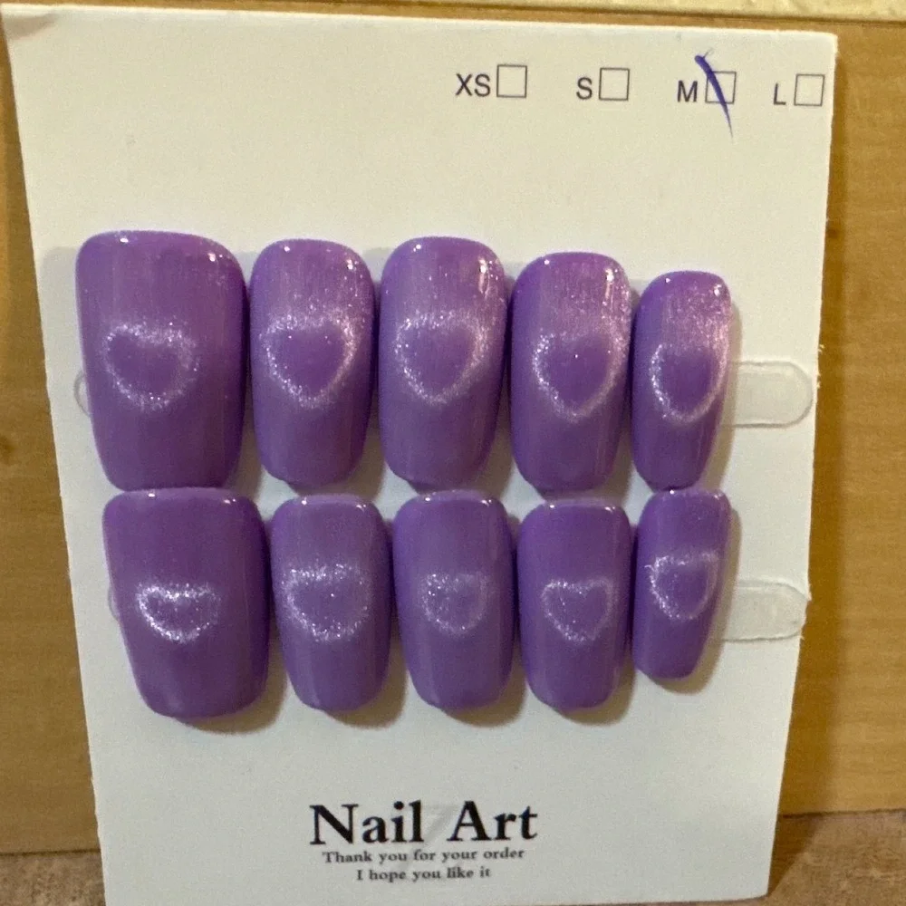 Purple Cat Eye Heart Press On Nails‎ Medium Coffin Shimmer Magnetic Nail Art Set